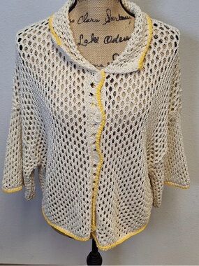 Cream Open Knit Button Cardigan with Yellow Trim